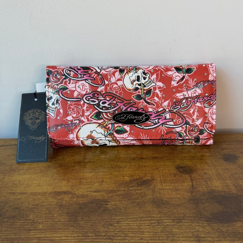 New Ed Hardy Flap Wallet Clutch Black Red Skull Card Y2K Bills Change Roses